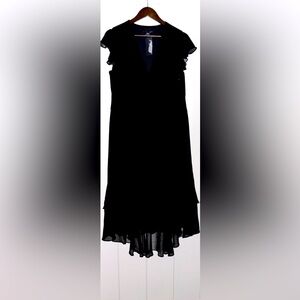 Tommy Hilfiger Chiffon Ruffle Trim V-Neck Midi Black Tiered Dress Women 14‎ NEW